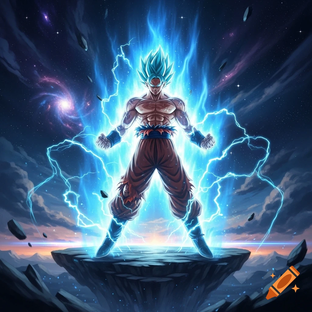 Goku in Super Saiyan Blue Kaioken form, radiating blue energy, stands on a floating rock platform in a cosmic landscape.