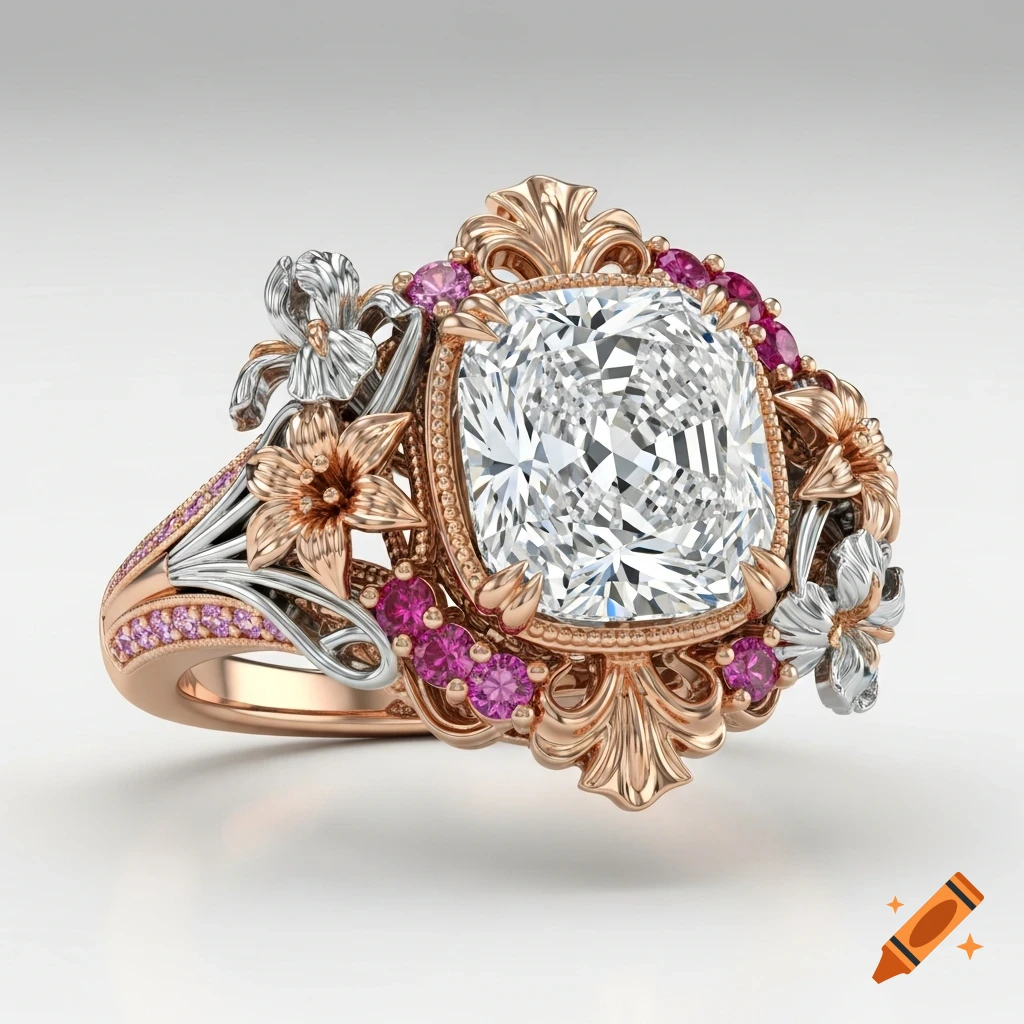An elegant cushion cut diamond ring with rose gold, white gold, pink sapphires, and intricate floral scrollwork on a white background.