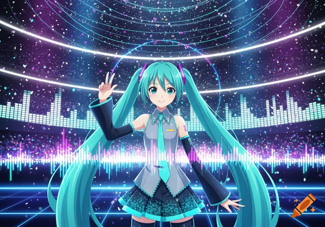 Hatsune Miku, an anime character with long turquoise pigtails, smiles on a neon stage with glowing sound waves and light streaks.