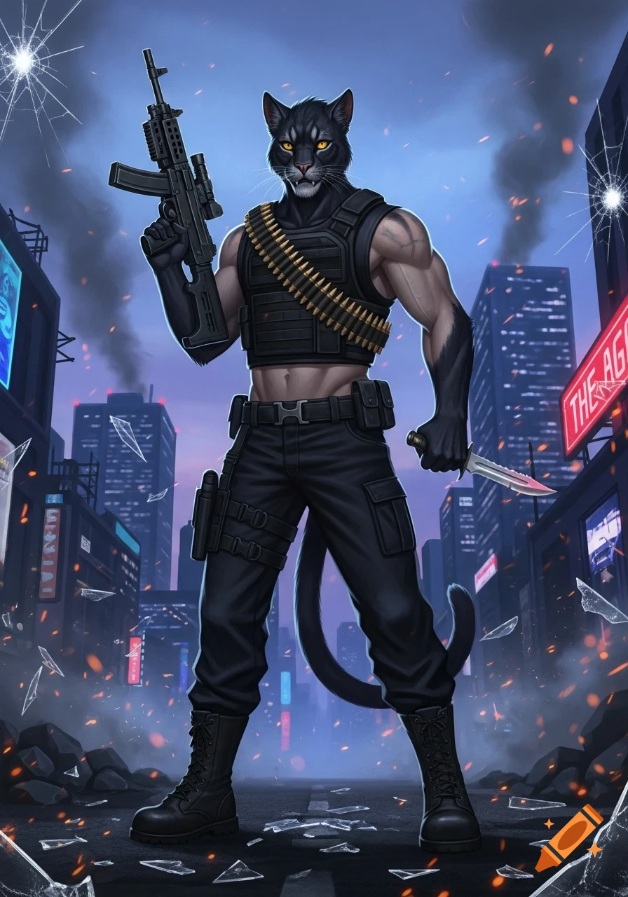A muscular black panther-like humanoid in tactical gear holds a machine gun and a knife in a debris-strewn city street at dusk.