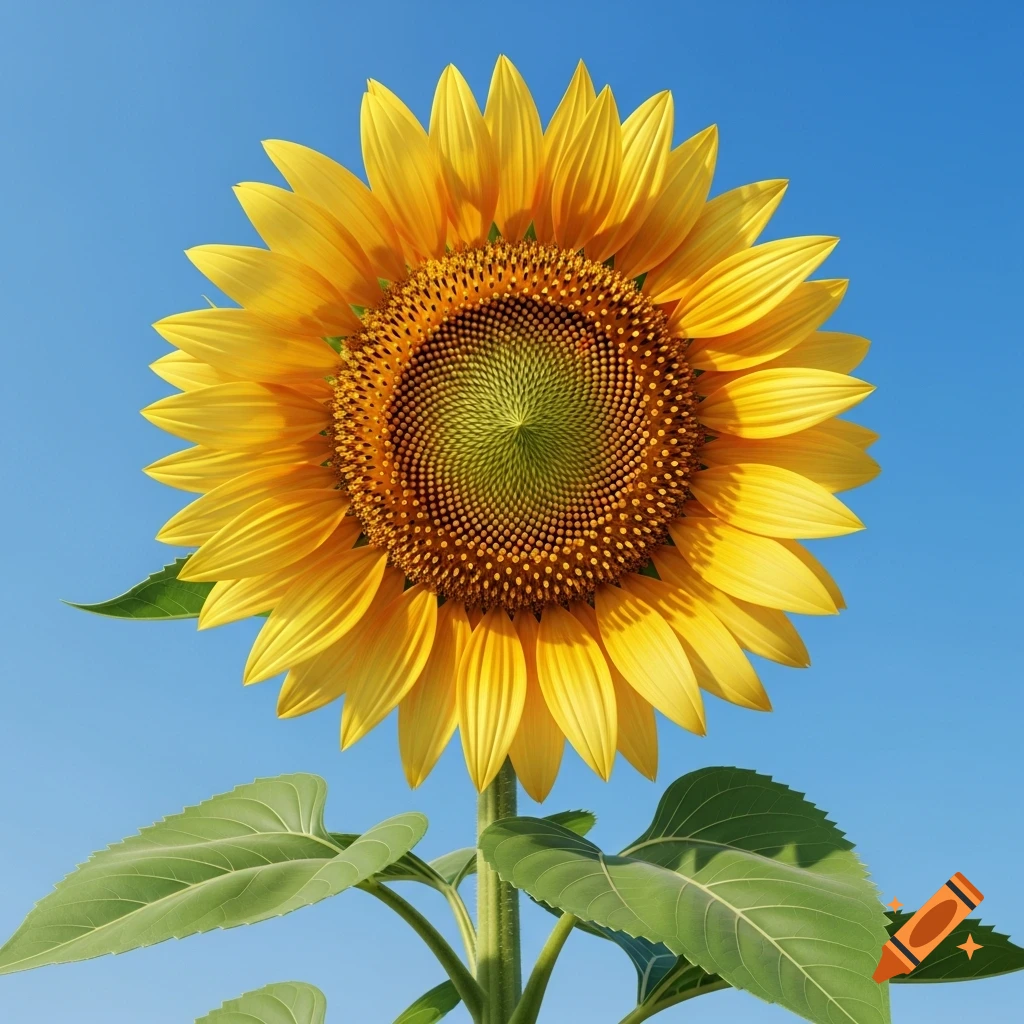 A vibrant yellow sunflower with green leaves stands against a clear blue sky.