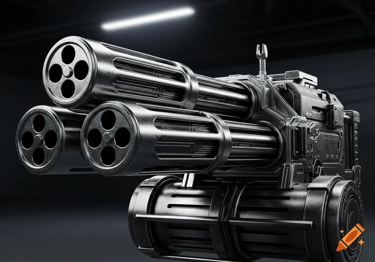 Close-up of a metallic sci-fi minigun with three rotating barrels, each having three holes.