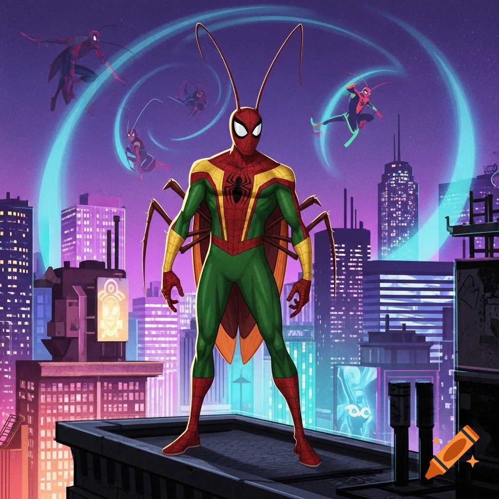 Spider-Roach, a Spider-Man variant with a roach body, stands on a rooftop against a futuristic purple city skyline, in a dynamic comic book art style.