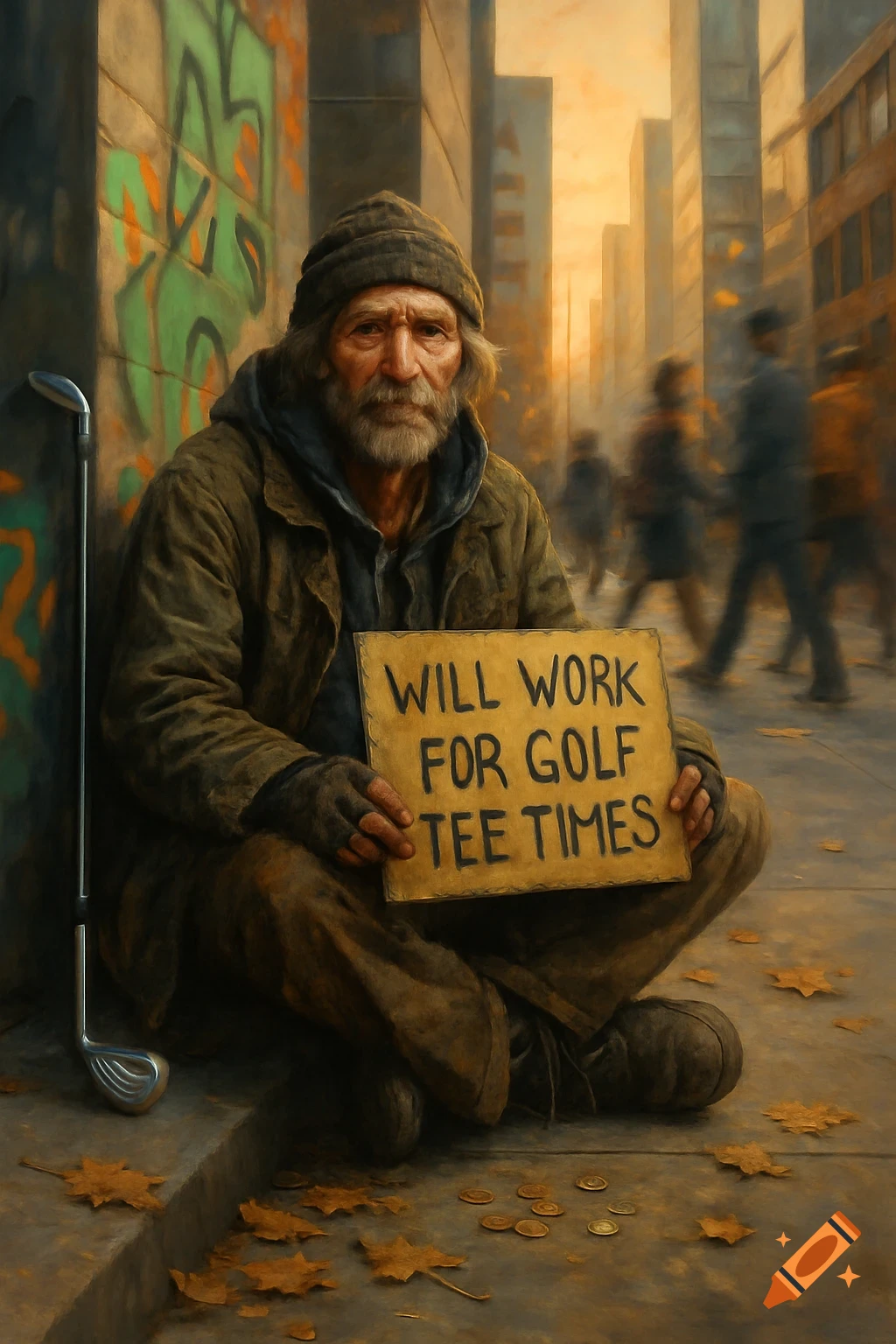 A grizzled homeless man with a beard sits on a city street, holding a sign reading 'WILL WORK FOR GOLF TEE TIMES'. A golf club leans nearby.