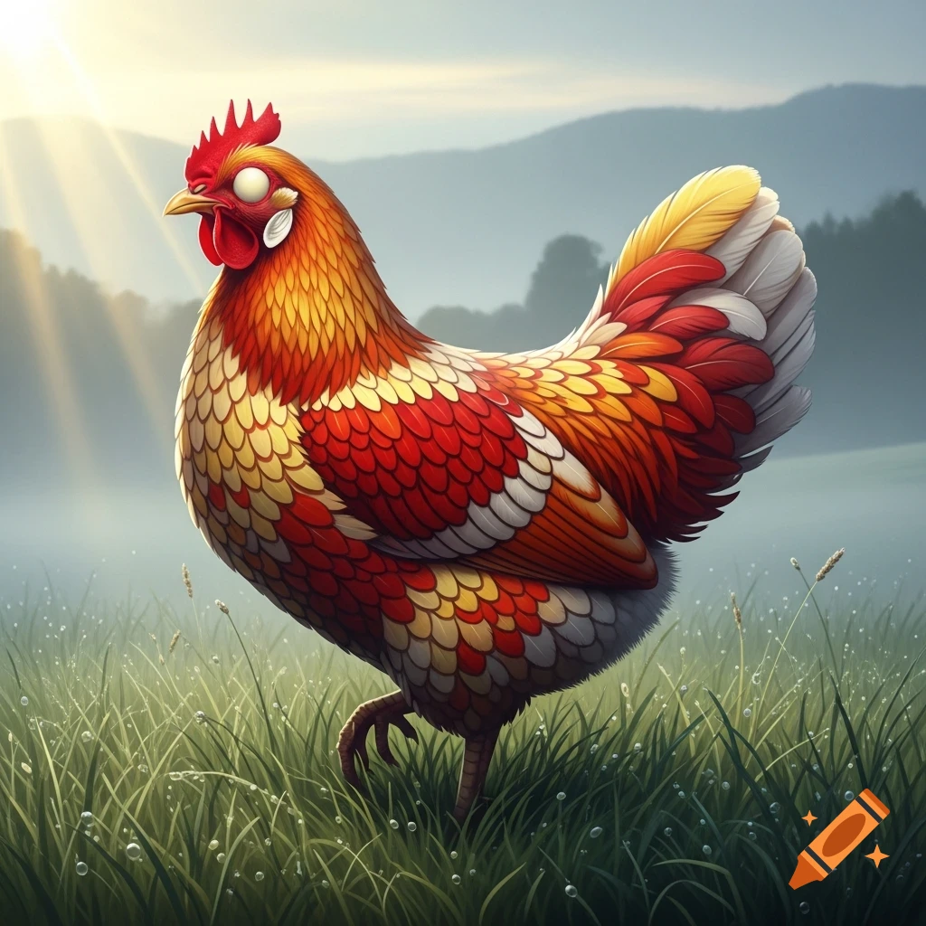 A vibrant red and gold stylized chicken with blank white eyes stands in dewy green grass with misty mountains and sunbeams in the background.
