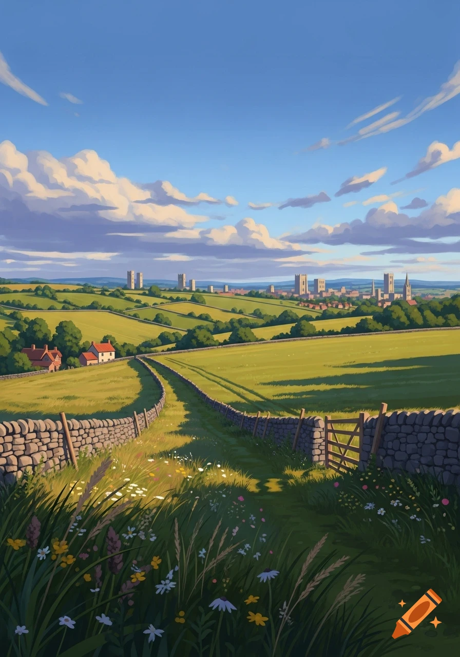 An illustrative landscape of a winding path through green fields with stone walls and wildflowers, leading to a distant town with towers under a blue sky.