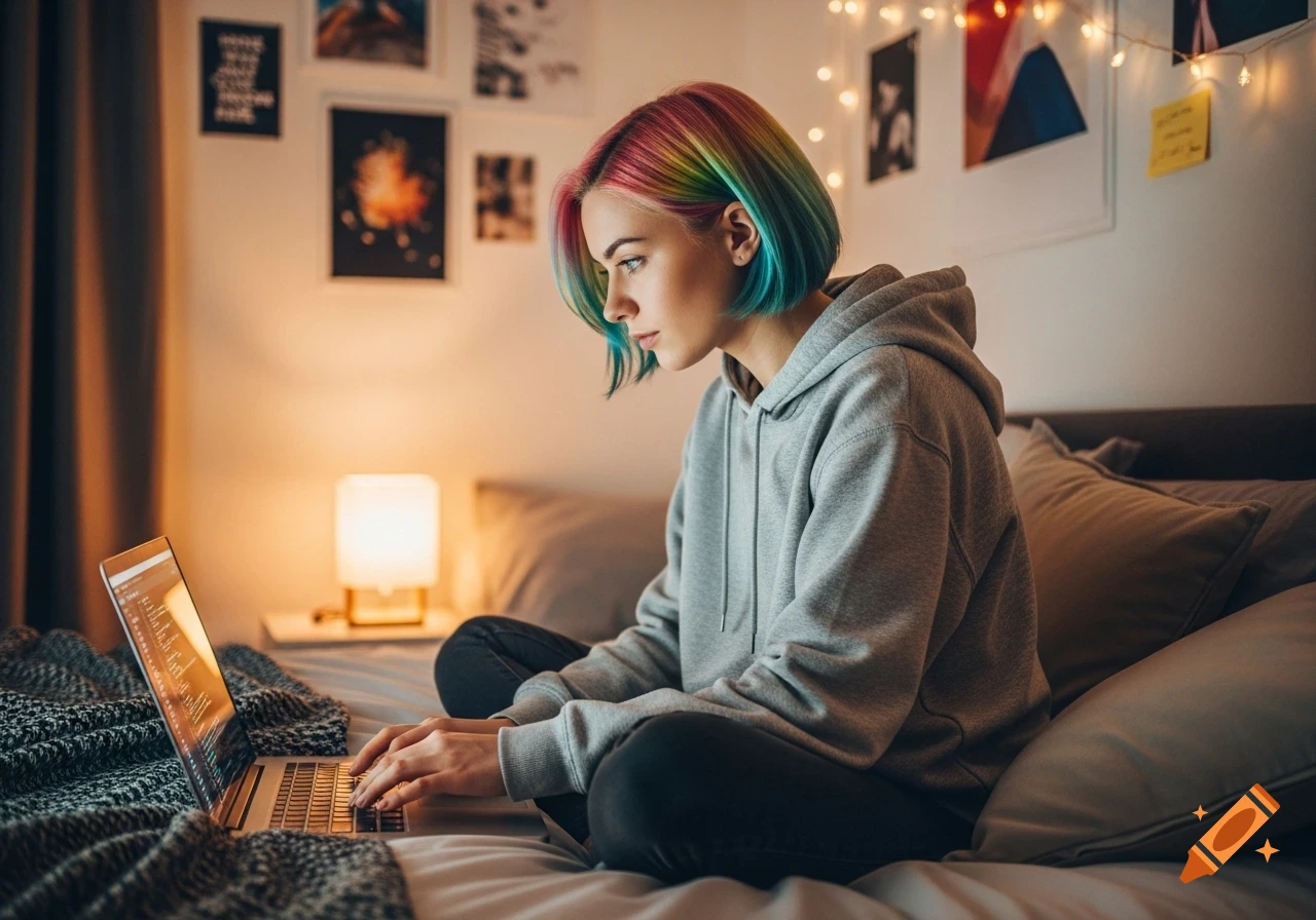 Young woman with colorful hair and a gray hoodie sits cross-legged on a bed, typing on a laptop in a cozy room with string lights.