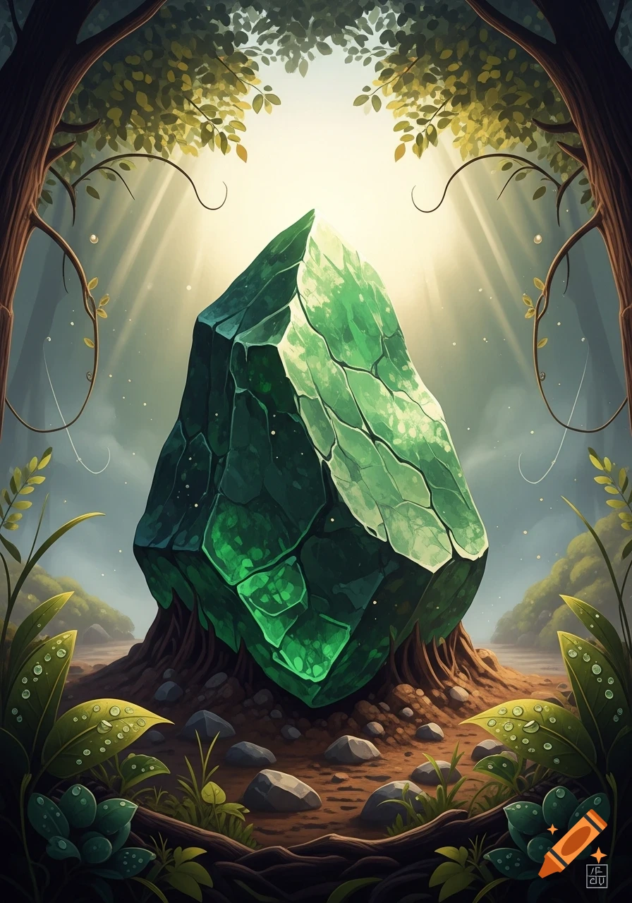 A large glowing green crystal sits on tangled roots in a mystical forest clearing, bathed in light rays.