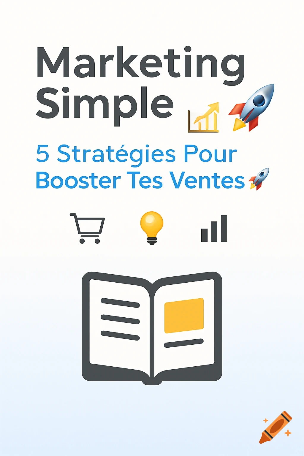 A professional marketing graphic titled "Marketing Simple" with the subtitle "5 Stratégies Pour Booster Tes Ventes," featuring business icons and an open book.