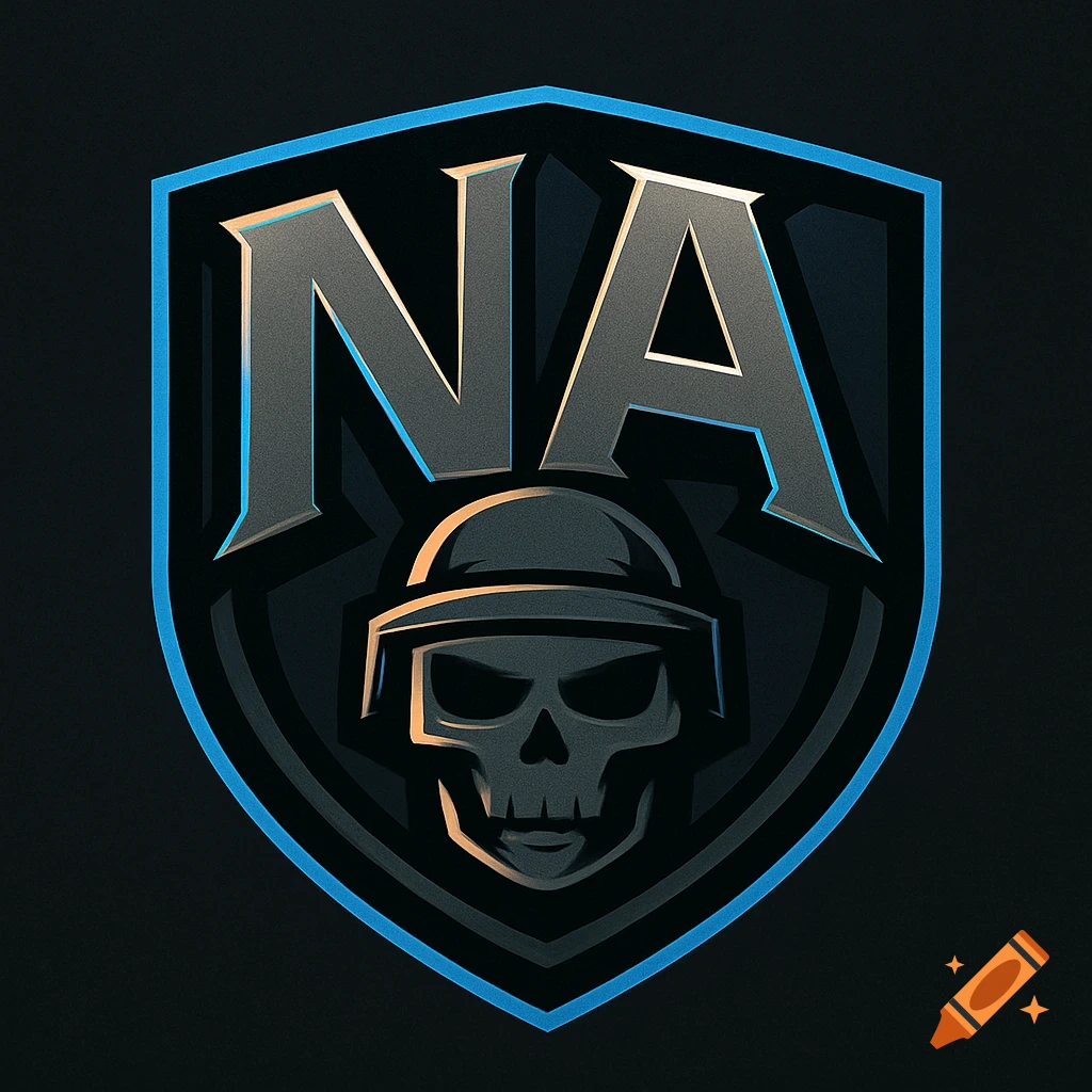 A dark gaming logo featuring a shield emblem with stylized metallic letters "NA" above a skull wearing a tactical helmet, outlined in electric blue.