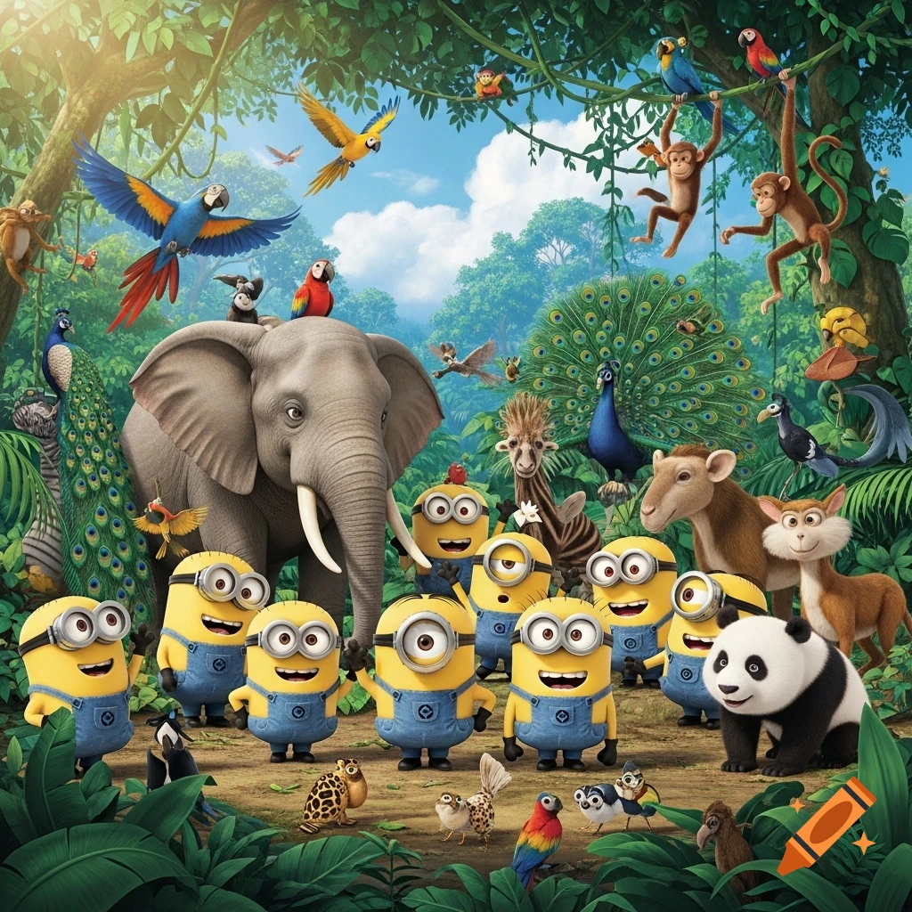 Minions and various jungle animals like an elephant, monkeys, parrots, and a panda stand together in a vibrant forest.