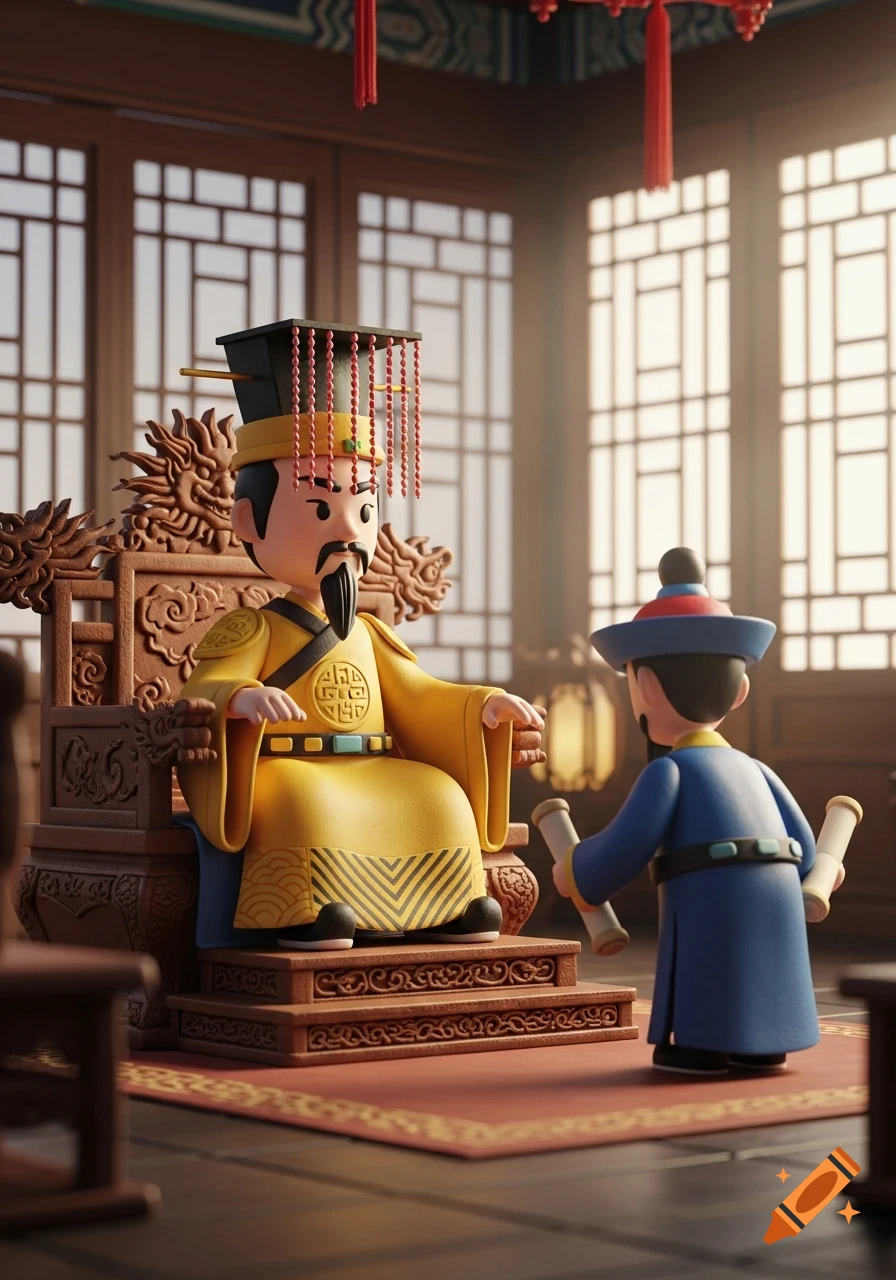 A cute 3D claymation scene of an ancient Chinese Emperor in yellow robes on a dragon throne, facing a bowing court official in blue robes holding scrolls in a palace.
