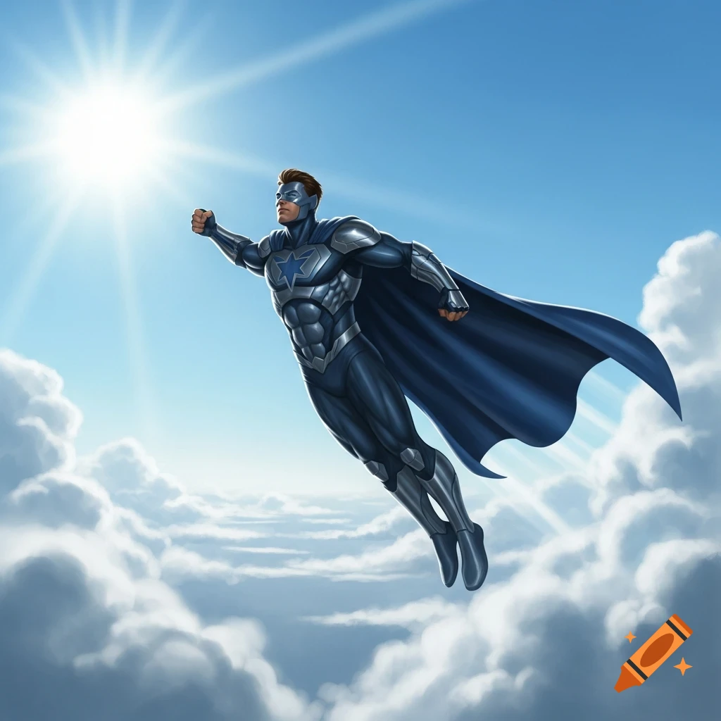 An illustrated superhero in a dark blue and silver suit and cape flies upwards through a bright, sunny blue sky with white clouds.