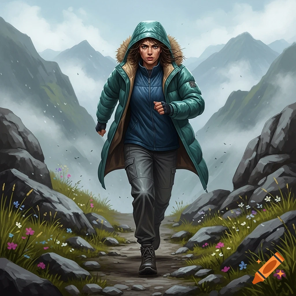 A woman in a hooded teal parka and cargo pants briskly walks a rocky mountain path with misty peaks in the background, digital art.