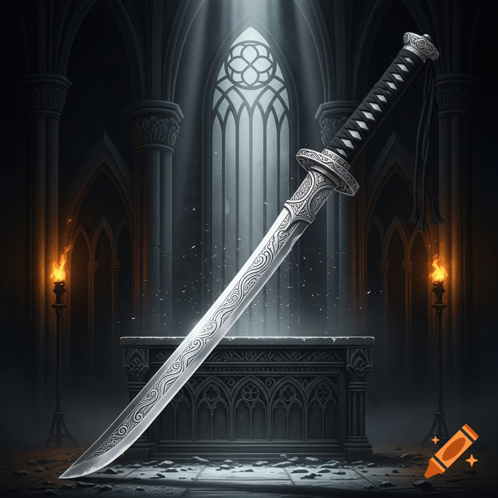 An ornate chrome katana rests on a gothic altar, illuminated by a beam of moonlight in a dark, ancient cathedral.