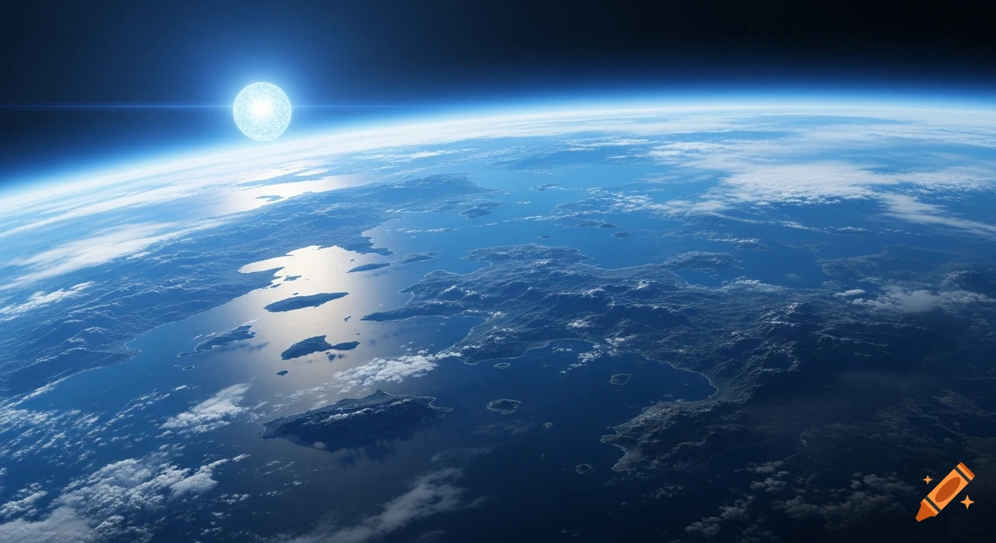 A distant alien planet with large continents and scattered islands, viewed from orbit under a luminous blue star.