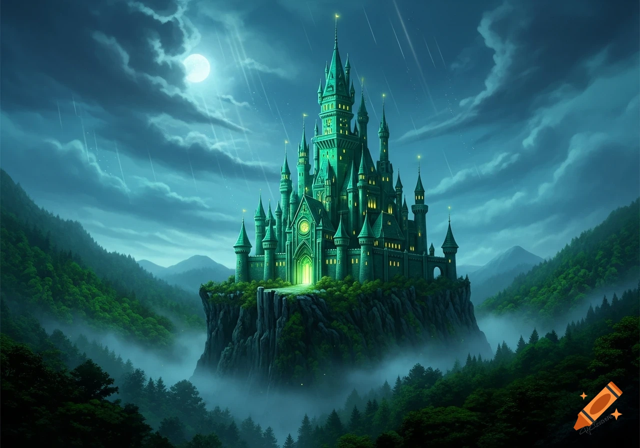 An emerald green fantasy castle on a misty cliff, surrounded by dark ...