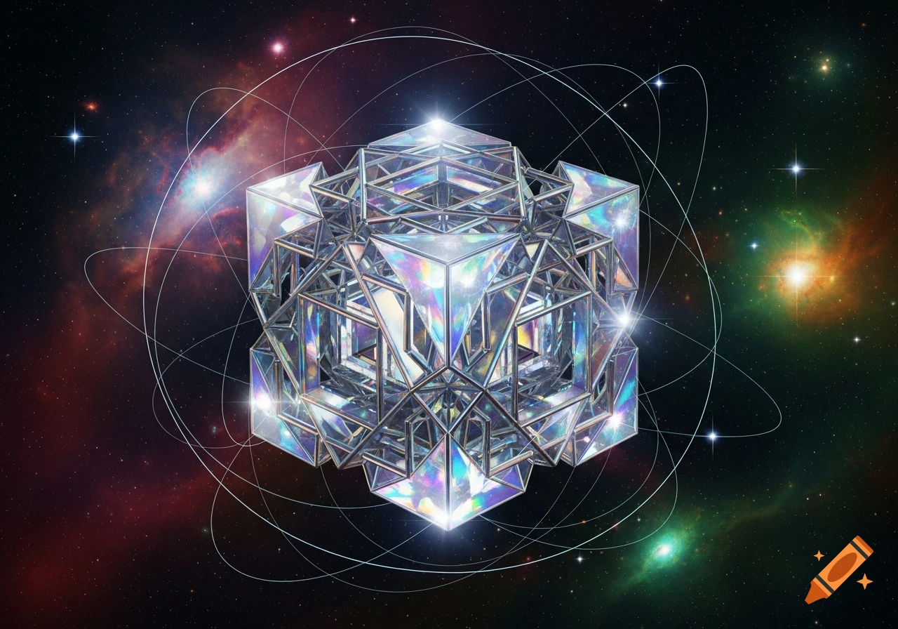 A complex, shimmering crystalline geometric structure with many facets floats in colorful outer space filled with stars and nebulae.