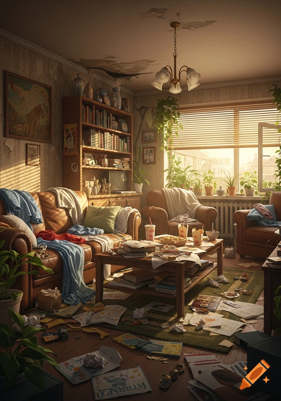 A messy and cluttered living room with leather sofas, a coffee table covered in books and food, papers on the floor, and potted plants by a sunny window.