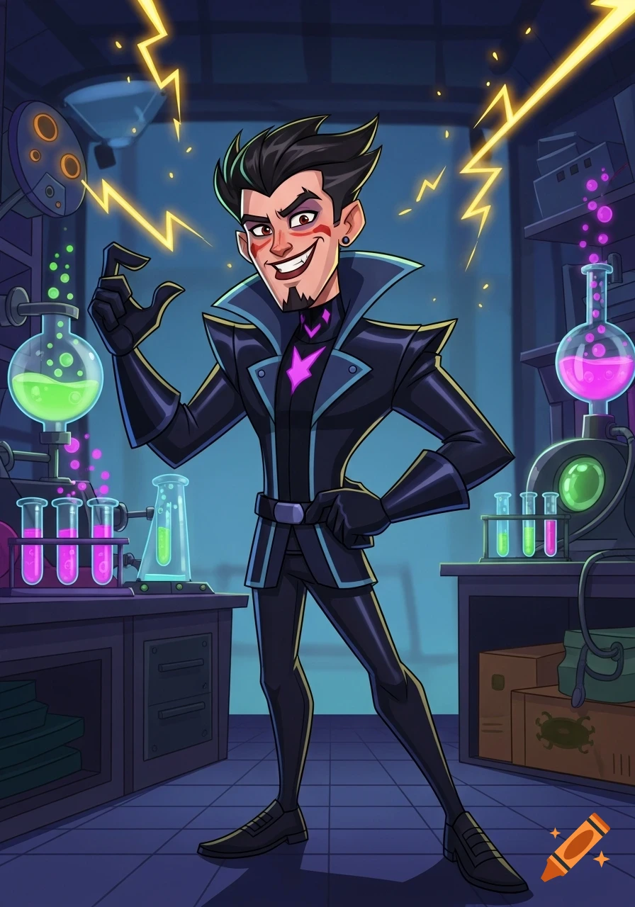 A cartoon male villain with spiky black hair and a mischievous grin stands in a science lab with glowing liquids.