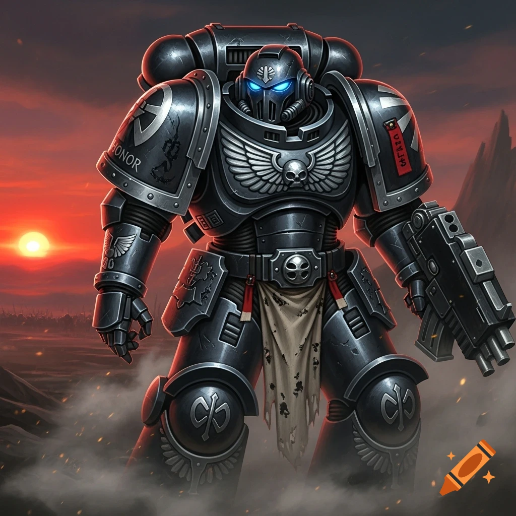 Heavily armored black Space Marine with glowing blue eyes holds a gun in a desolate, smoky landscape under a fiery red sky.
