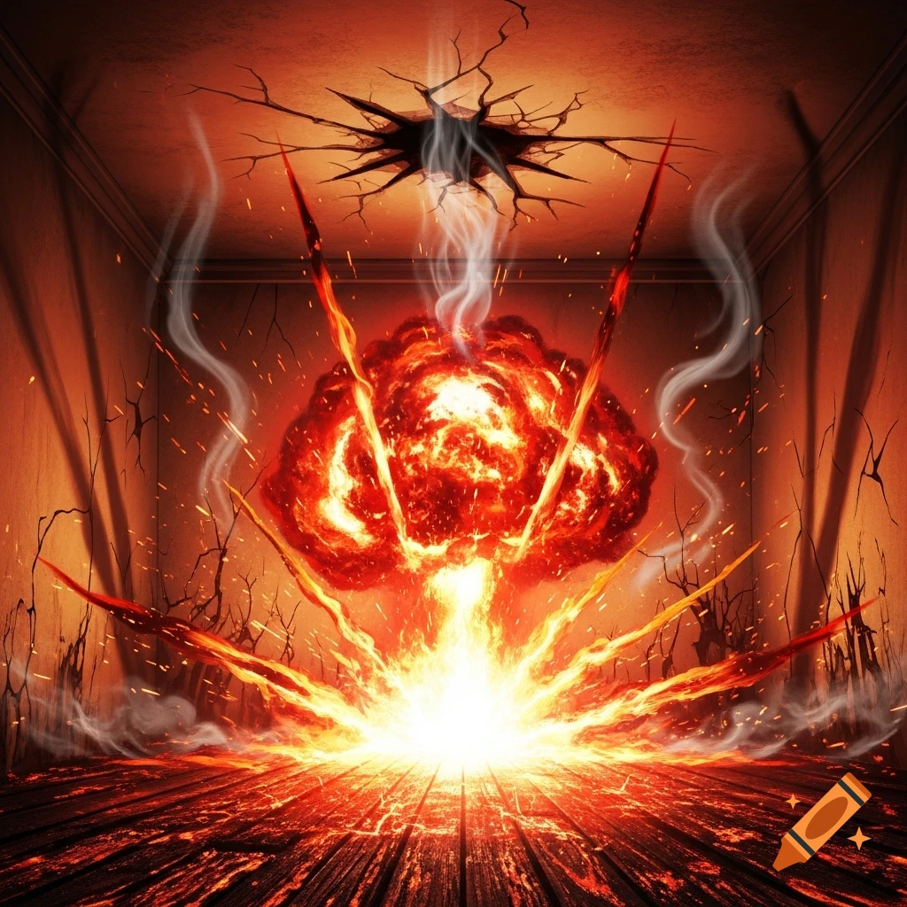 A fiery explosion erupts in a cracked, smoke-filled room with glowing lava-like floor.