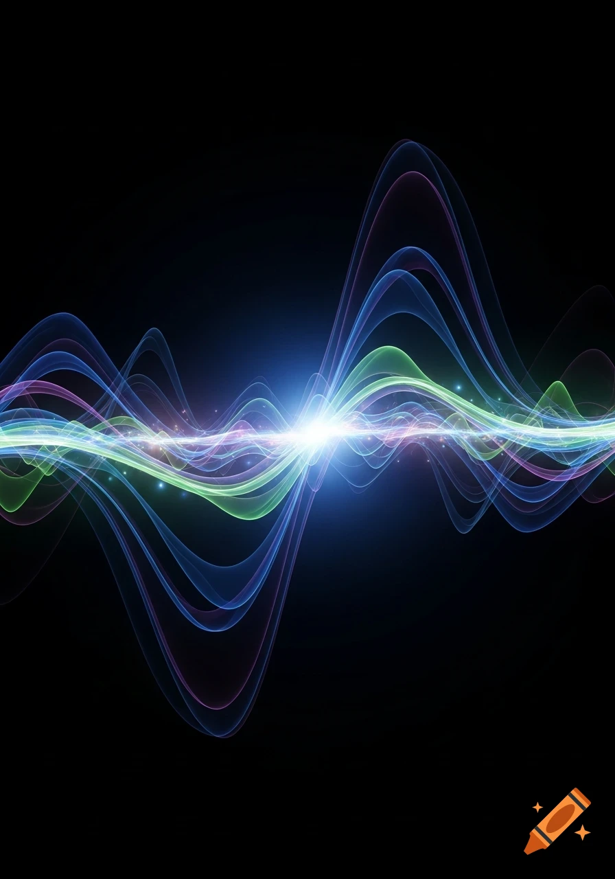 Colorful abstract energy waves with a bright light burst at the center against a dark background.