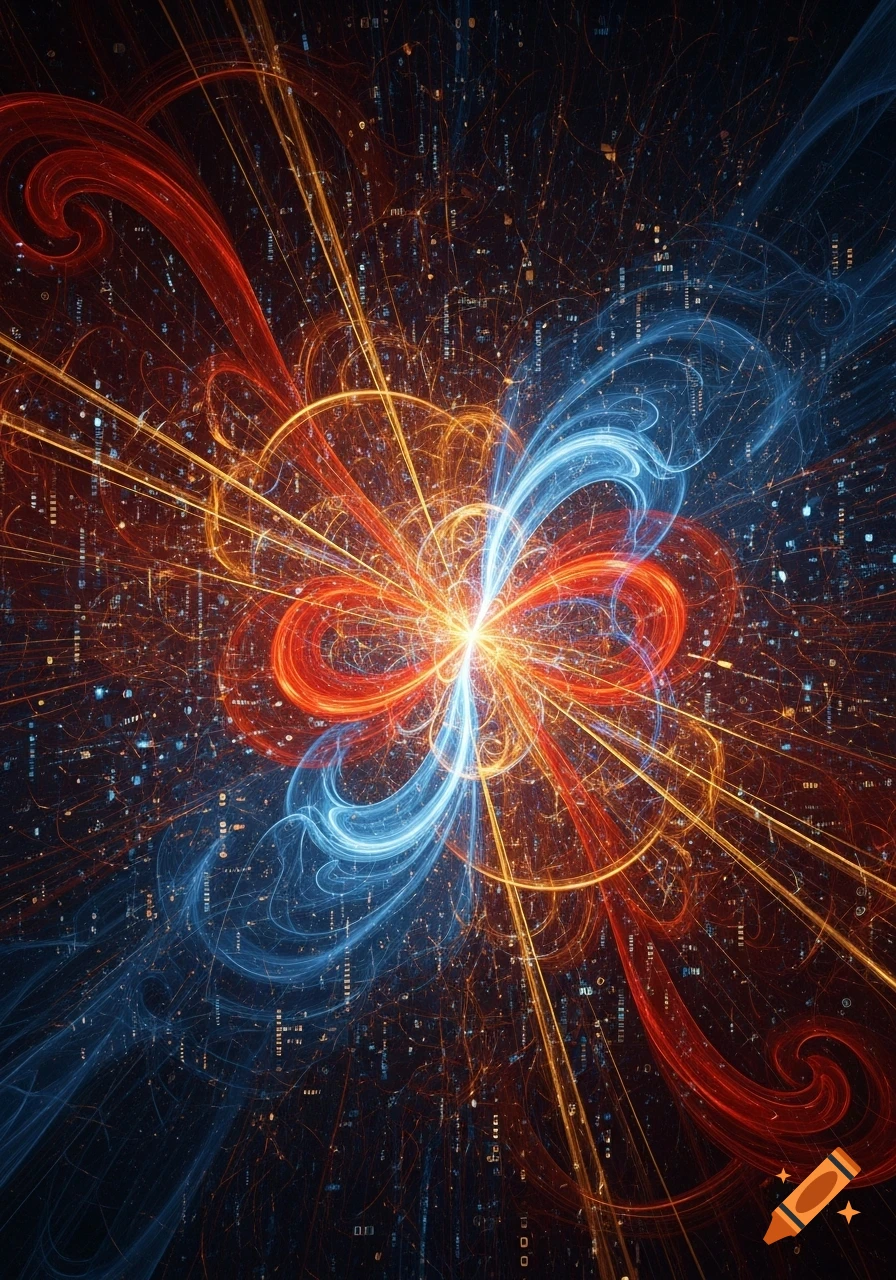 Abstract digital art depicting a vibrant explosion of red and blue energy swirls and golden light against a dark background with scattered luminous particles.