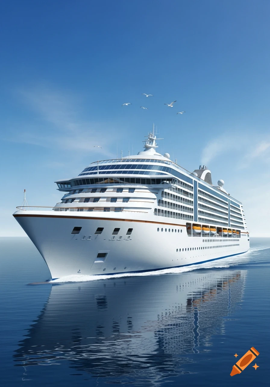A photorealistic white and blue cruise ship sails on calm blue water under a clear blue sky, with seagulls overhead.