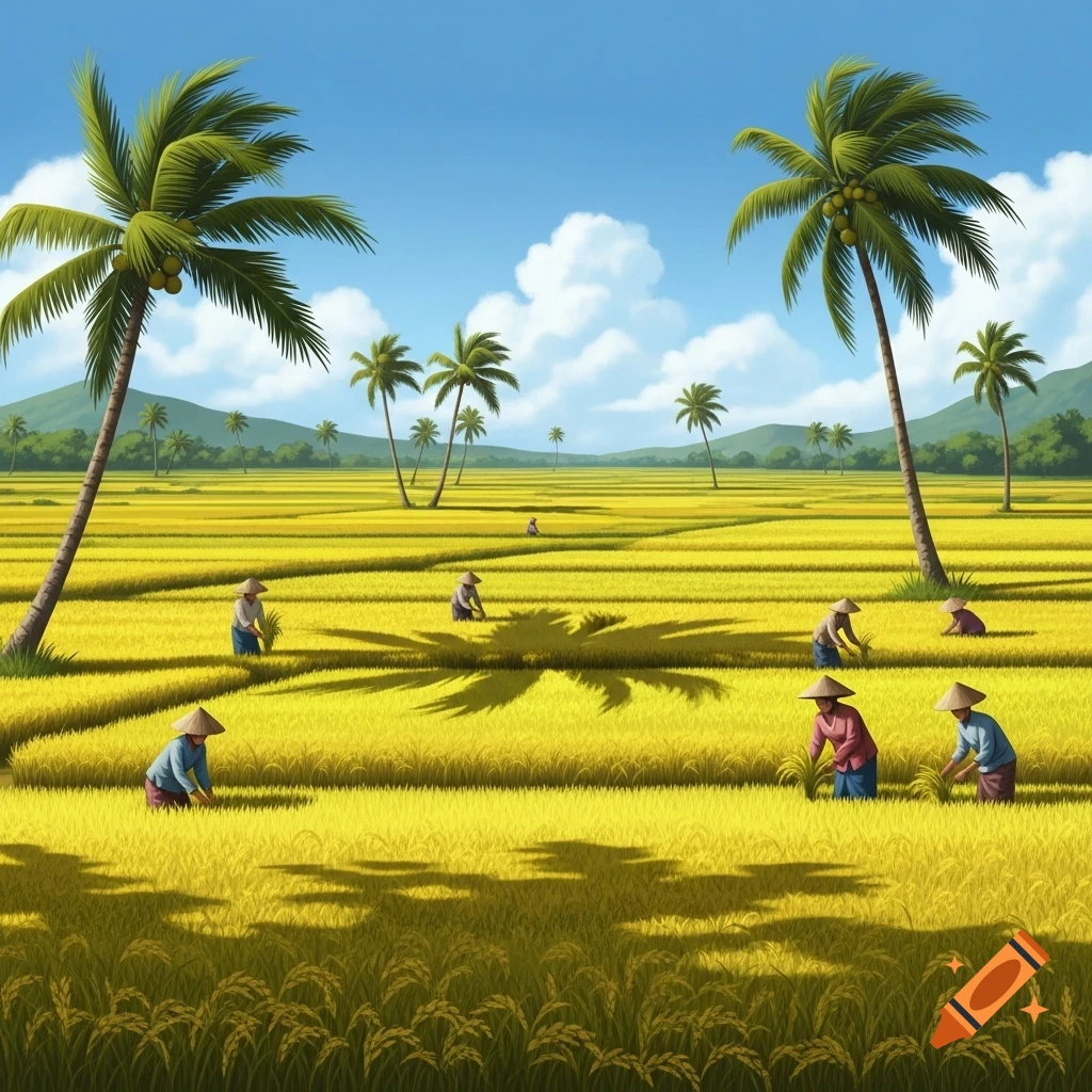 Stylized illustration of farmers working in golden rice fields with palm trees under a bright blue sky.