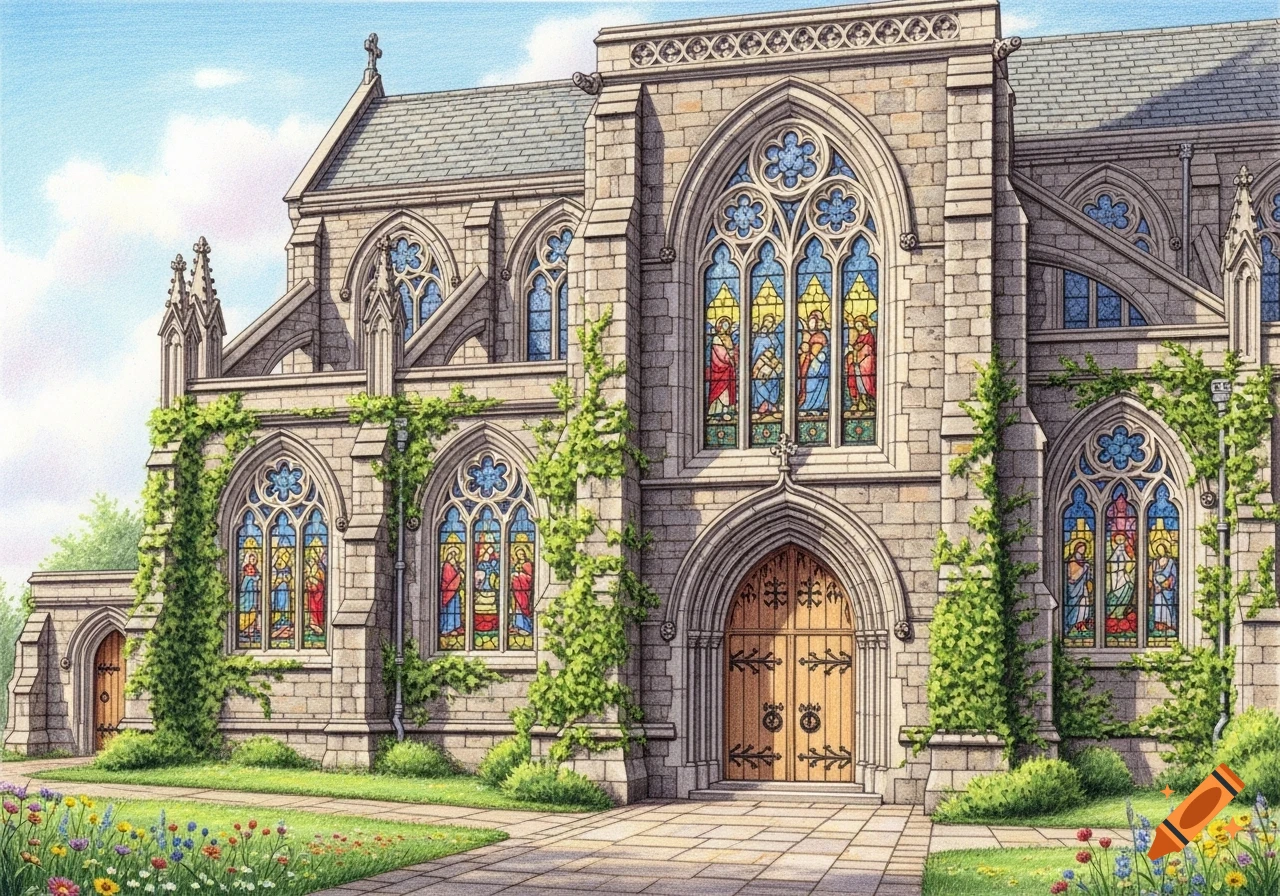 A color pencil drawing of an old stone church with pointed arches, stained glass windows, and green ivy, set amidst a blooming flower garden.