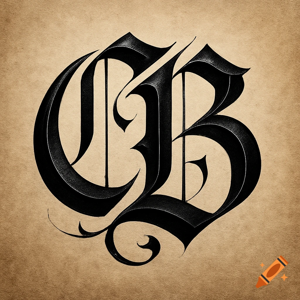Gothic calligraphy style logo forming the intertwined letters C and B on a textured beige background.