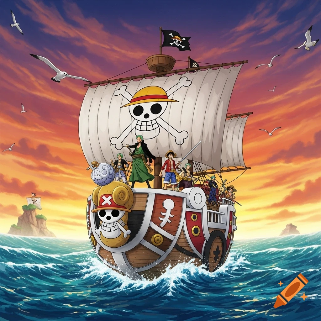 The Straw Hat Pirates and their ship, Thousand Sunny, sail on a vibrant ocean at sunset with seagulls flying in an anime illustration.