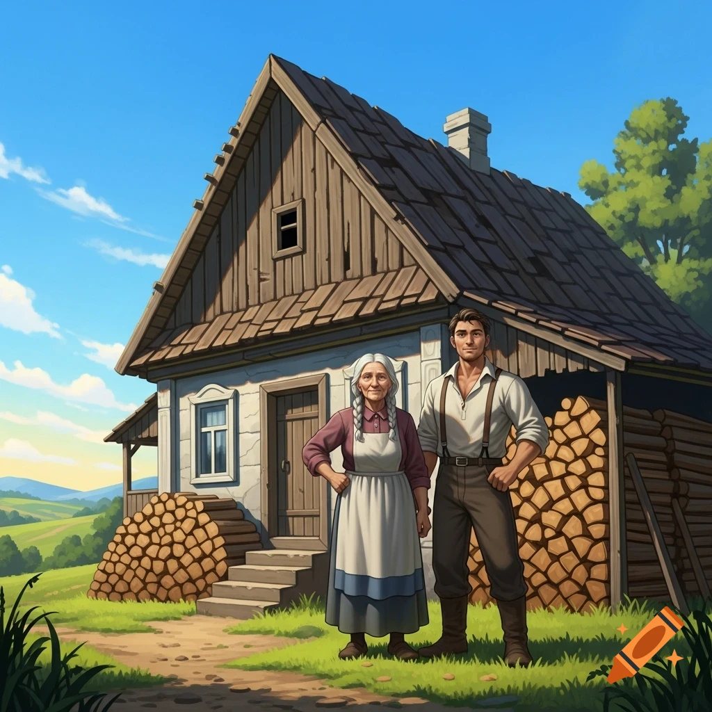 Illustration of an old woman and a man standing before a rustic wooden house with firewood stacks on a sunny day.