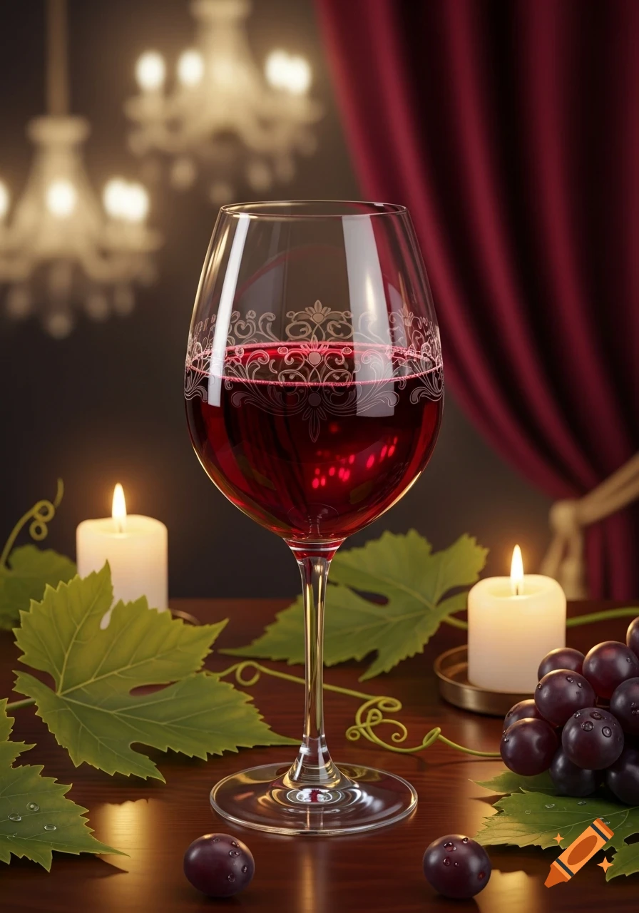 A photorealistic glass of red wine on a wooden table with grapes, vine leaves, and lit candles.