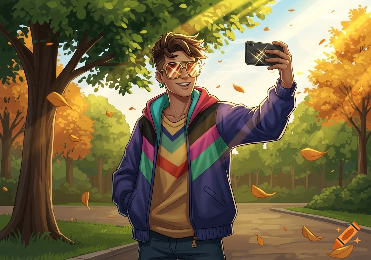 A stylish young man with sunglasses takes a selfie in a sunny autumn park. Cartoon illustration.