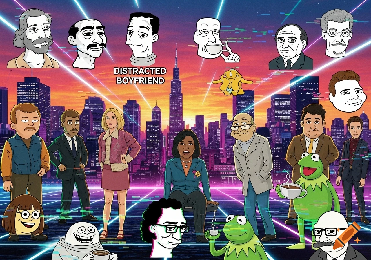 A vibrant cartoon movie cover featuring a collage of famous internet meme characters and animated figures against a futuristic city skyline.