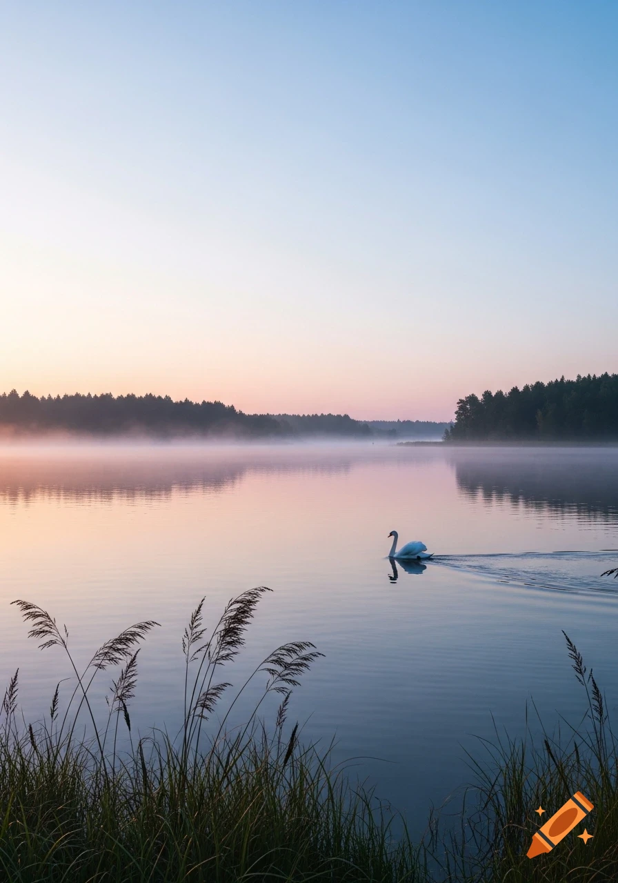 A swan glides across a misty lake at dawn, with trees in the background and tall grass in the foreground.