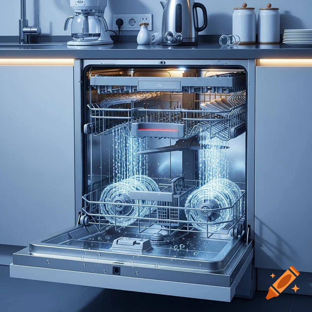 An open modern dishwasher with glowing blue water jets spraying inside, set in a contemporary kitchen.