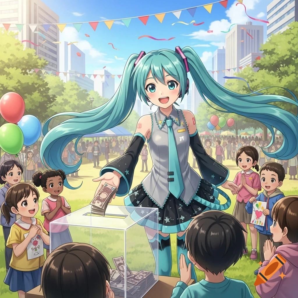 Hatsune Miku in a grey and black outfit donating money into a clear box surrounded by diverse children at an outdoor charity event in a park.