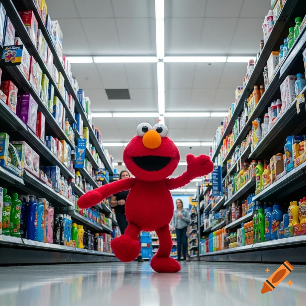 Photorealistic Elmo running with arms wide open through a bright supermarket aisle lined with colorful products.