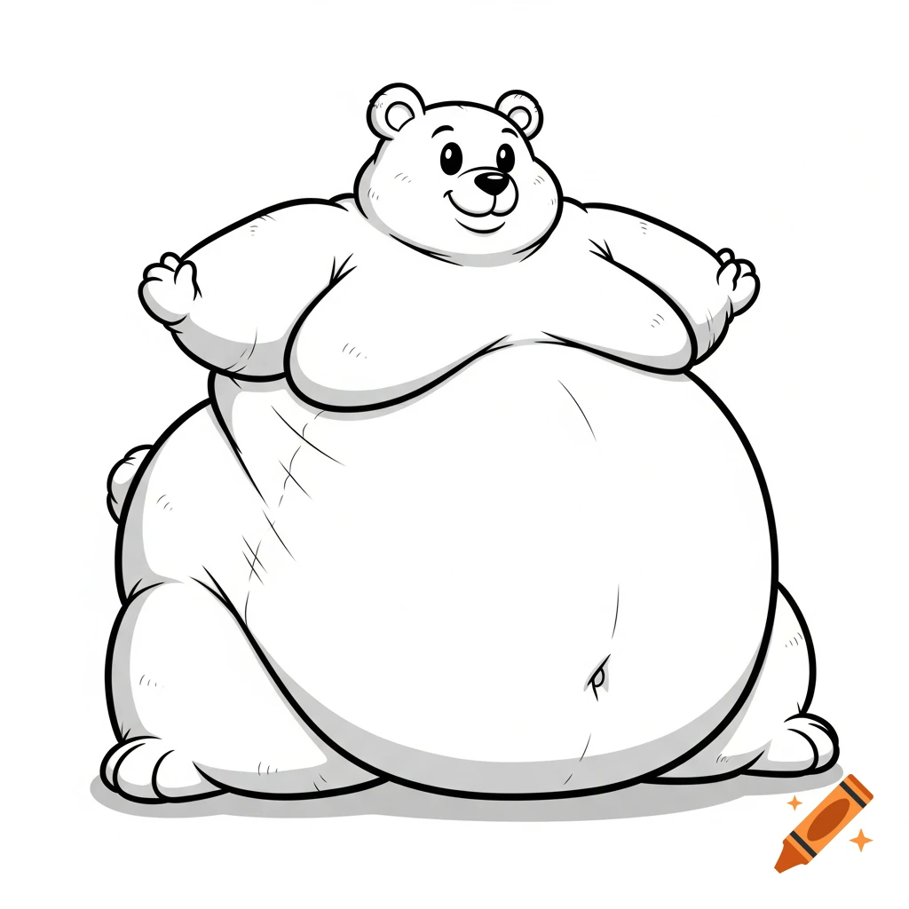 A black and white cartoon drawing of a smiling, hyper-inflated fat bear standing on a white background.