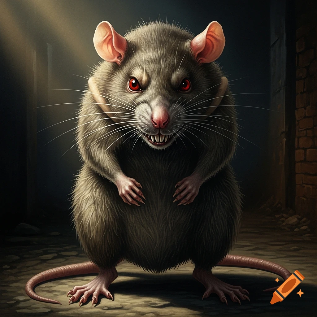 A large, menacing rat with sharp teeth and glowing red eyes stands upright and hunched over, depicted in an oil painting style.