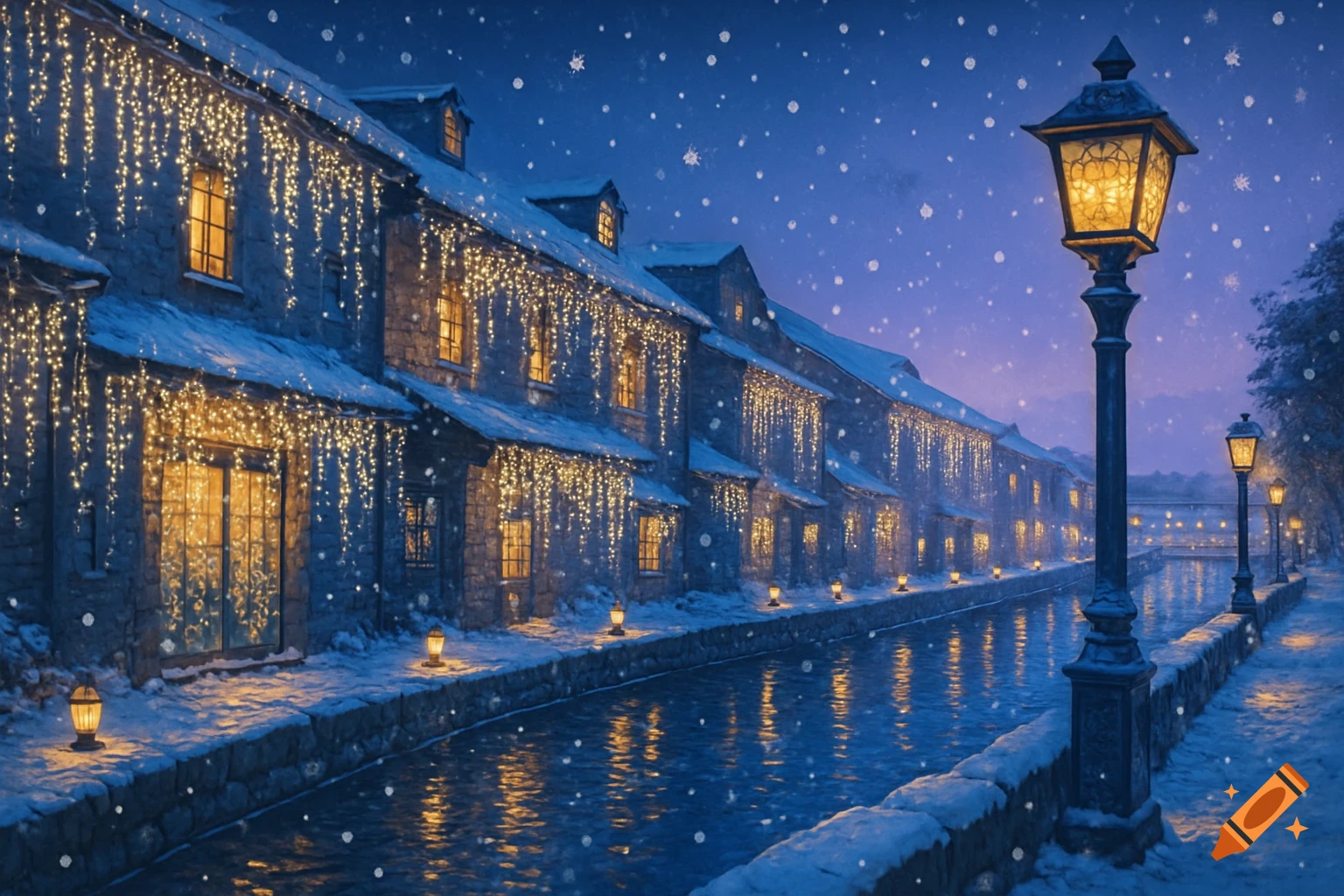 A picturesque winter night scene along a snow-covered canal, with buildings illuminated by festive icicle lights and glowing lampposts.
