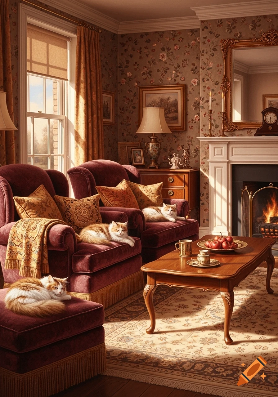 Cozy oil painting of a sunlit vintage living room with three fluffy cats lounging on maroon armchairs and an ottoman by a fireplace.