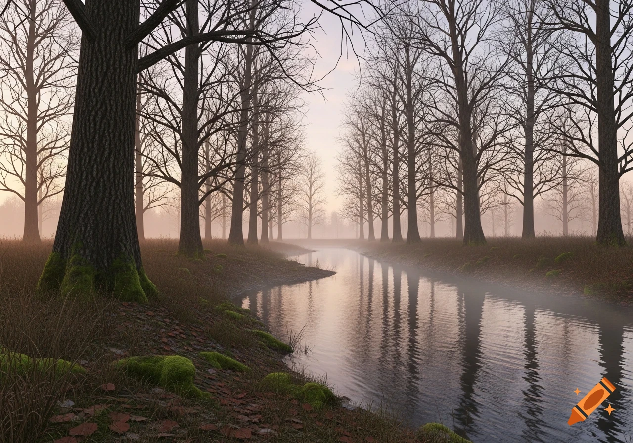 A tranquil river flows through a misty forest of bare winter trees with reflections on the water, photorealistic.