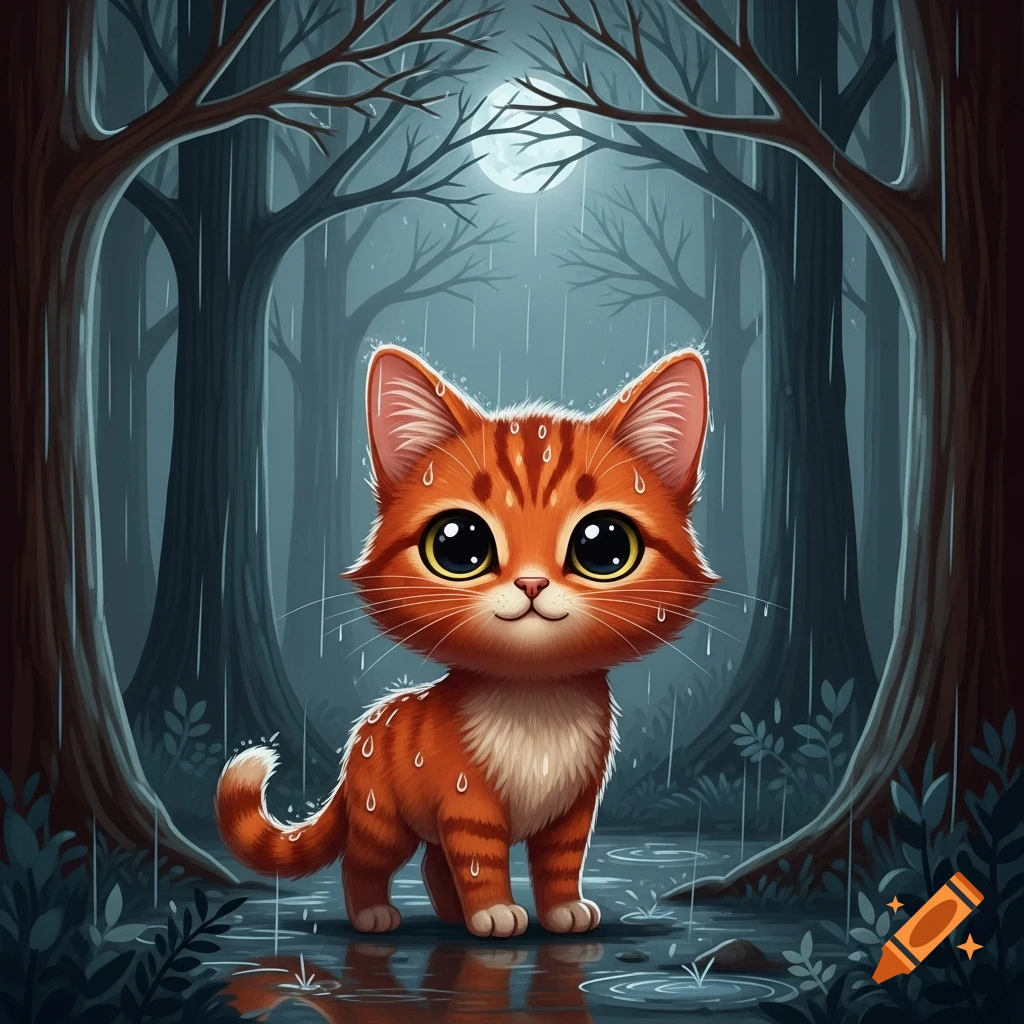 A cute orange tabby kitten stands in a rainy, dark forest with water drops on its fur, under a full moon.