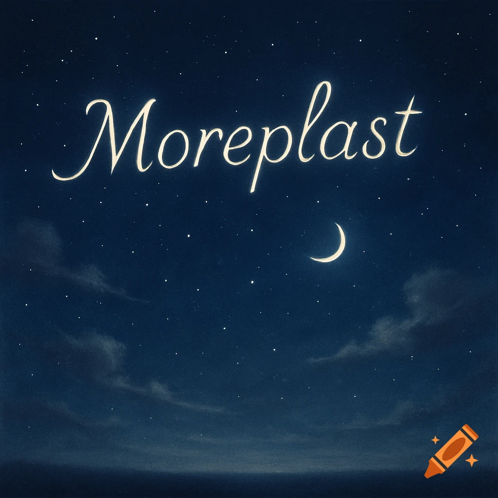 Glowing 'Moreplast' text against a dark blue night sky with scattered stars and a crescent moon.