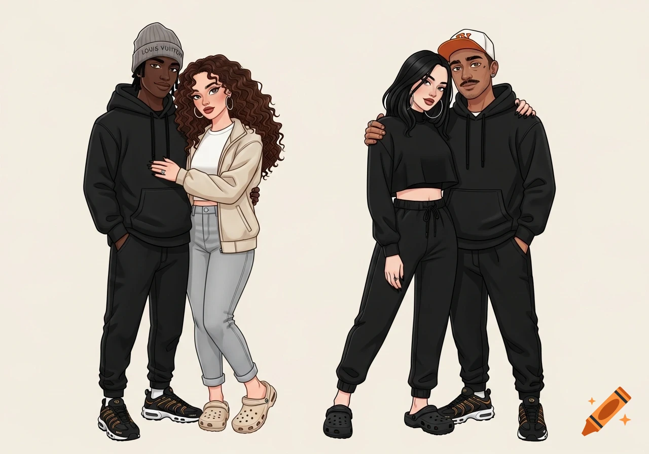 A stylized illustration of two young couples in casual streetwear, embracing.