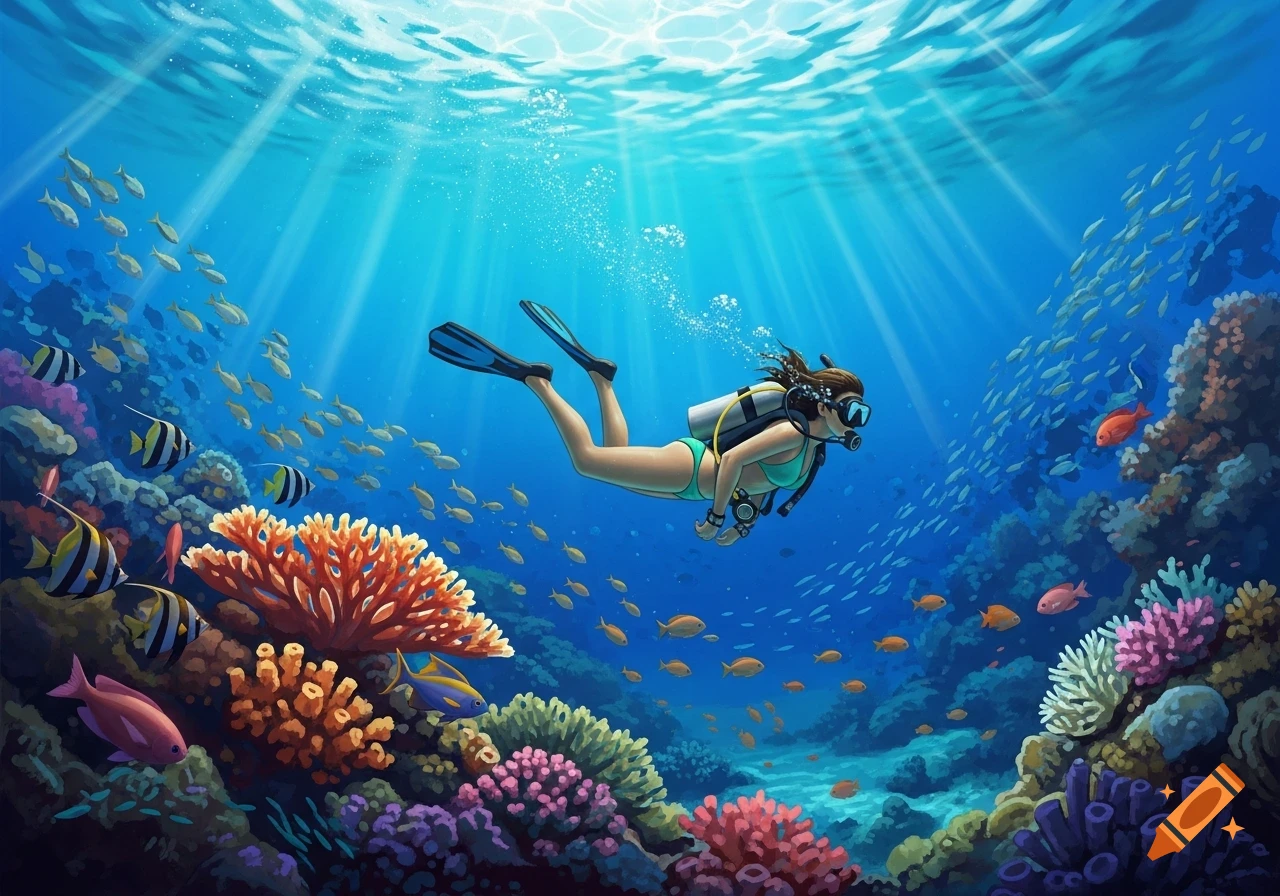 Illustration of a female diver in a turquoise bikini and scuba gear swimming underwater through a vibrant coral reef with fish and sun rays.